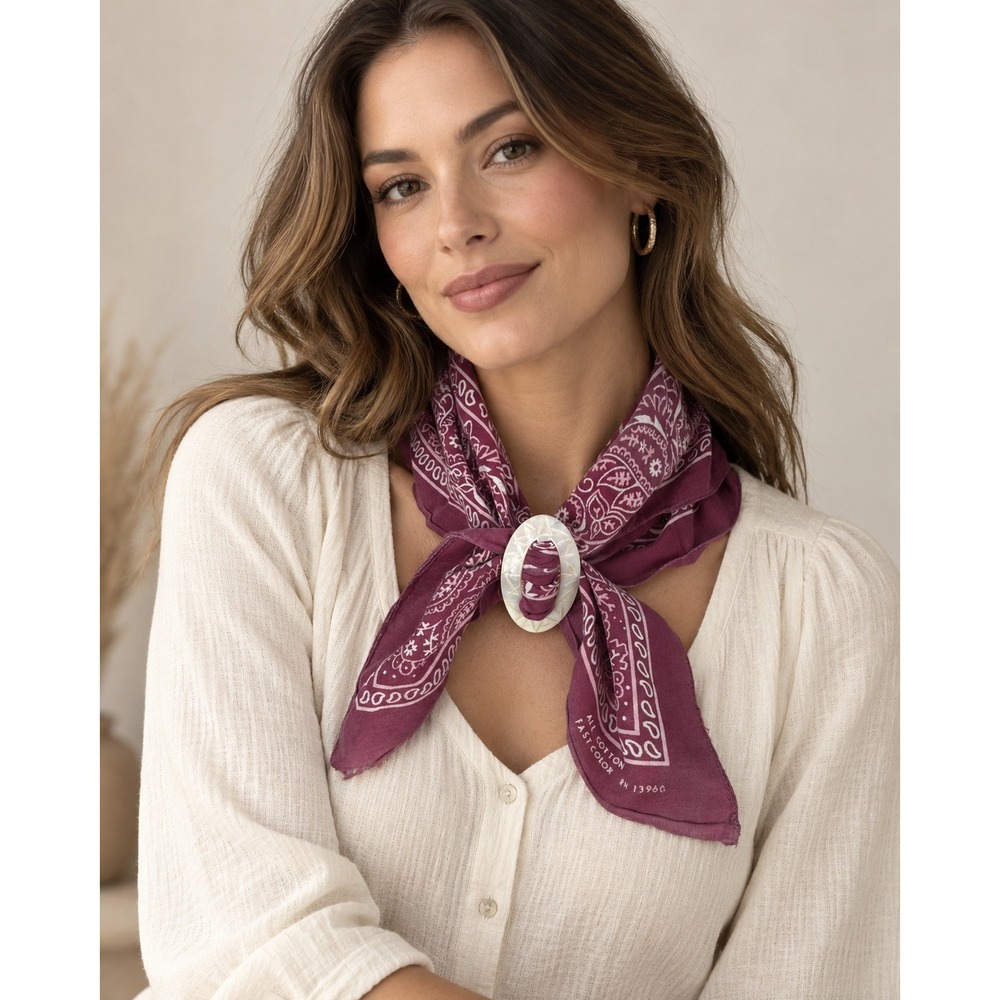Vintage Cotton Bandana Plum Burgundy Paisley with Carved Mother of Pearl Slide